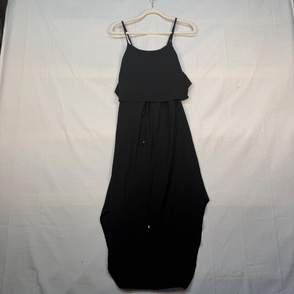 OURS Women Black Popover Maxi Dress Small High Low Tulip Hem Spaghetti Strap
